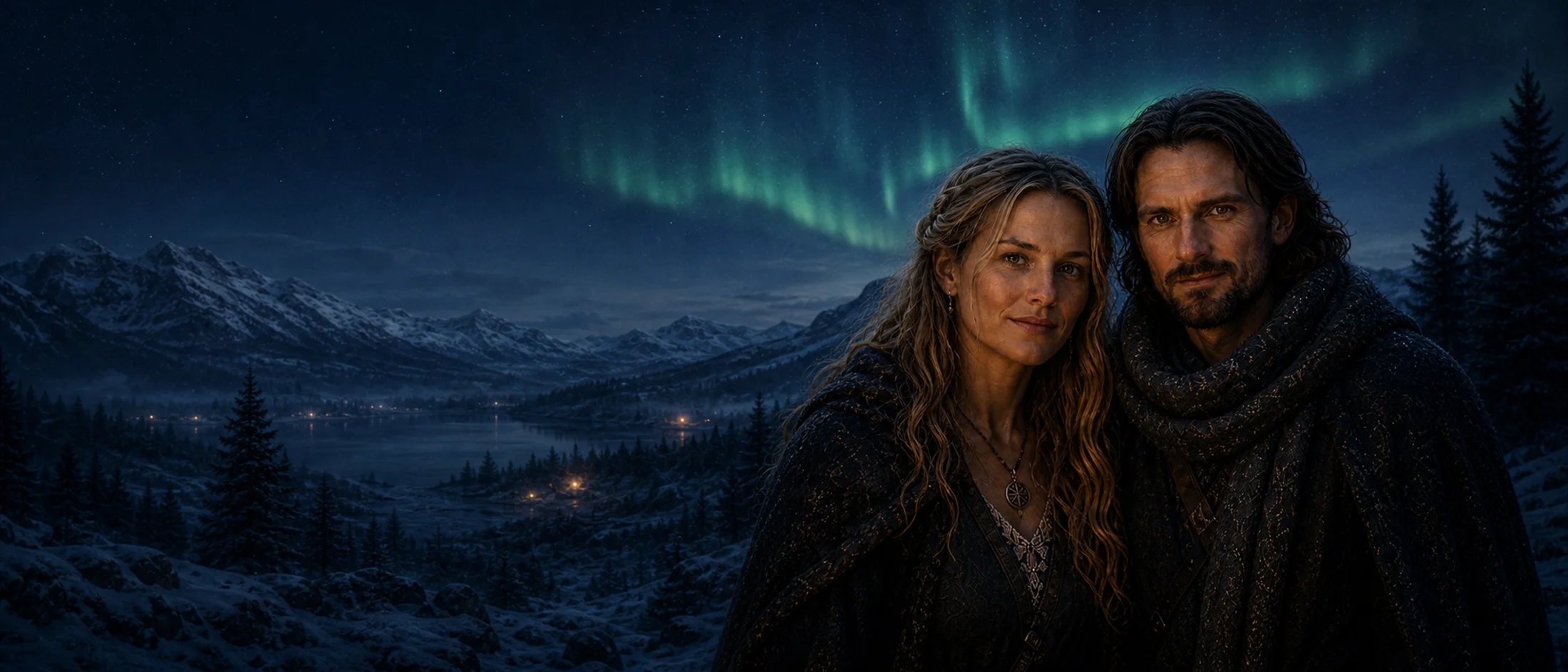 Northern Hush's two Nordic characters beside a winter fjord beneath the northern lights